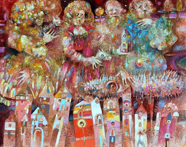Living room painting by Grzegorz Skrzypek titled "Carnival horse creature"
