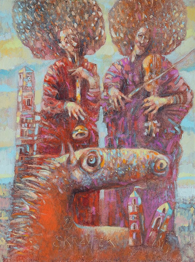 Living room painting by Grzegorz Skrzypek titled "Horse Creature Duo"