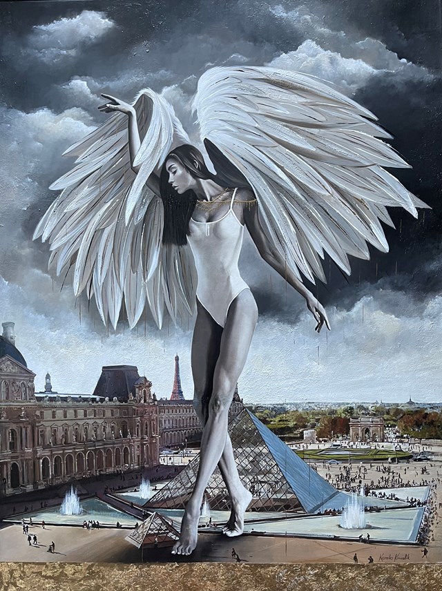 Obraz do salonu artysty Kamila Kowalik pod tytułem „Anioł w Paryżu-wizyta w Luwrze”