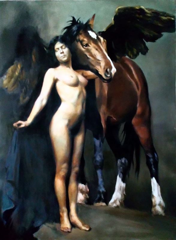 Living room painting by Jan Dubrowin titled Pegasus muse
