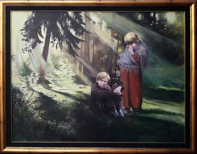 Living room painting by Jan Dubrowin titled Hansel and Gretel