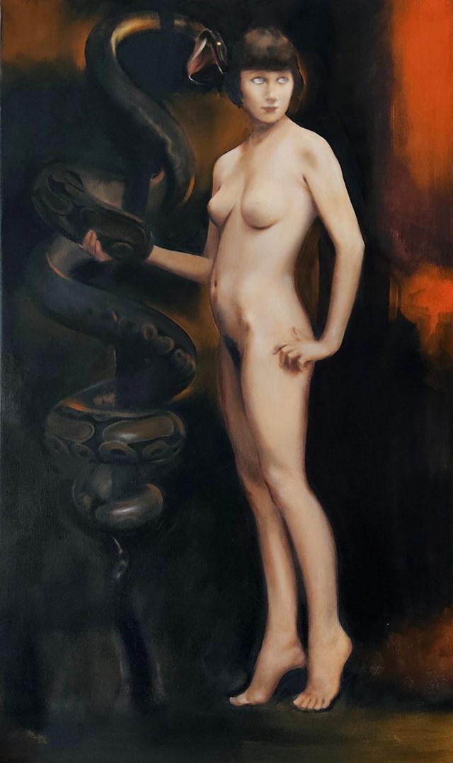 Obraz do salonu artysty Jan Dubrowin pod tytułem Słodki syk z cyklu Rajskie Opowieści