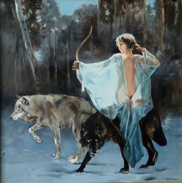 Obraz do salonu artysty Jan Dubrowin pod tytułem Nocne łowy z cyklu Pasterze Wilków