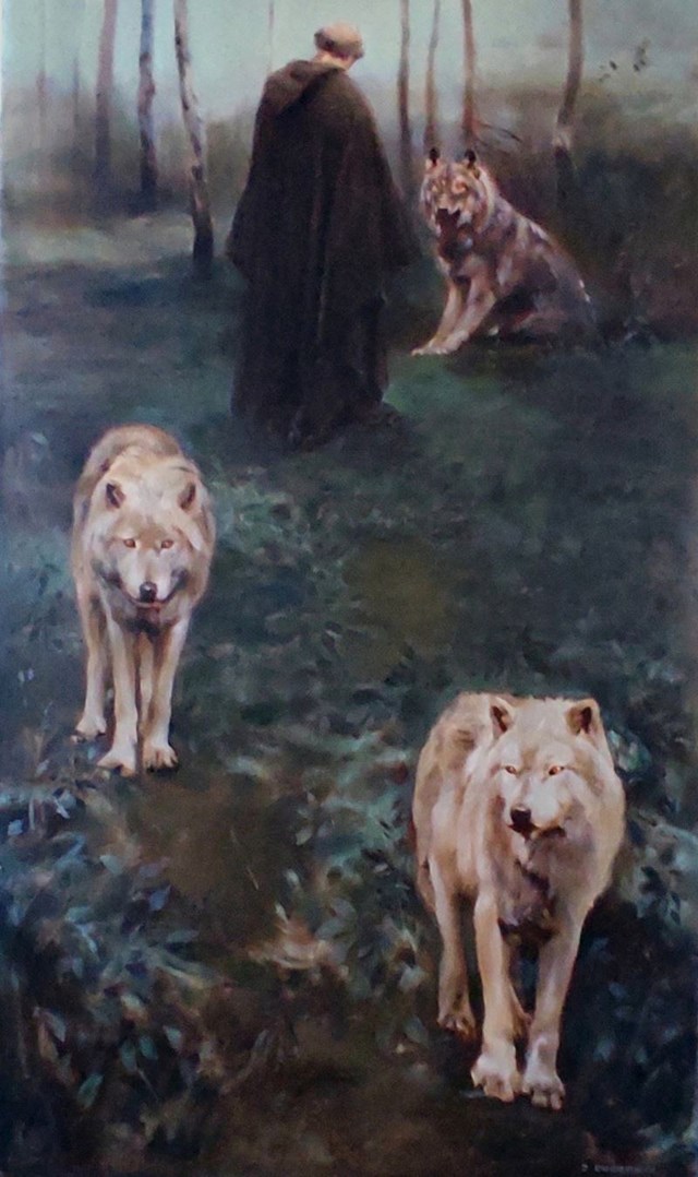 Obraz do salonu artysty Jan Dubrowin pod tytułem Pejzaż ze Świętym Franciszkiem z cyklu Pasterze Wilków