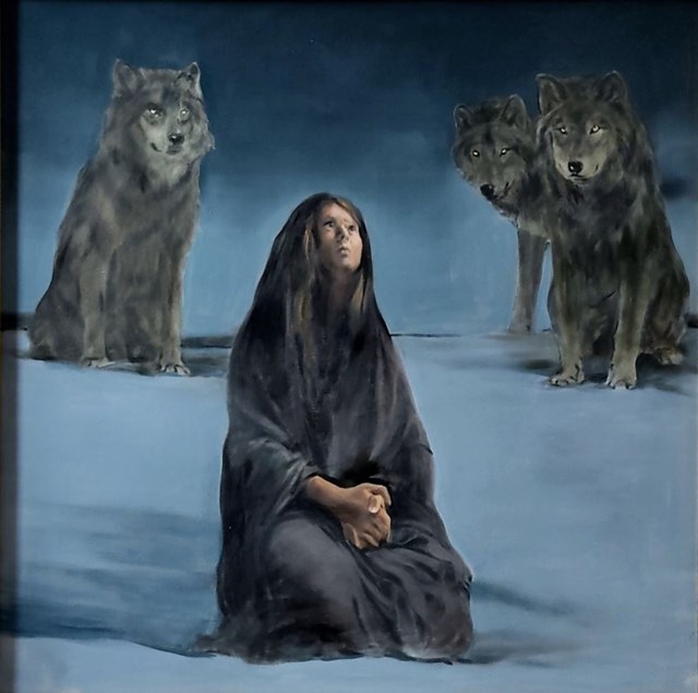 Obraz do salonu artysty Jan Dubrowin pod tytułem Opiekunowie z cyklu Pasterze Wilków