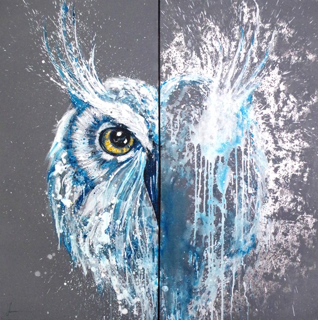 Living room painting by Amonaria Magda Maciaszek titled Personality dichotomy, Owl I