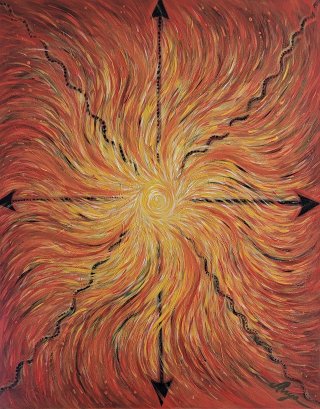 Living room painting by Anya Truskolaska titled Alchemical Sun