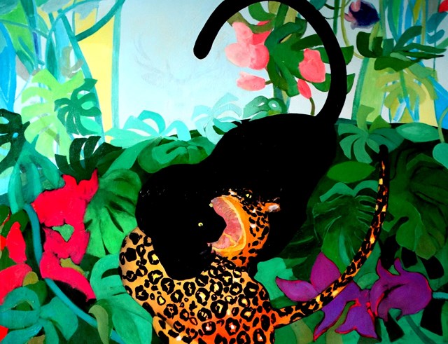 Living room painting by Arkadiusz Wesołowski titled Fighting jaguars. 