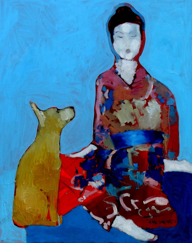 Obraz do salonu artysty Arkadiusz Wesołowski pod tytułem Japonka i Shiba Inu