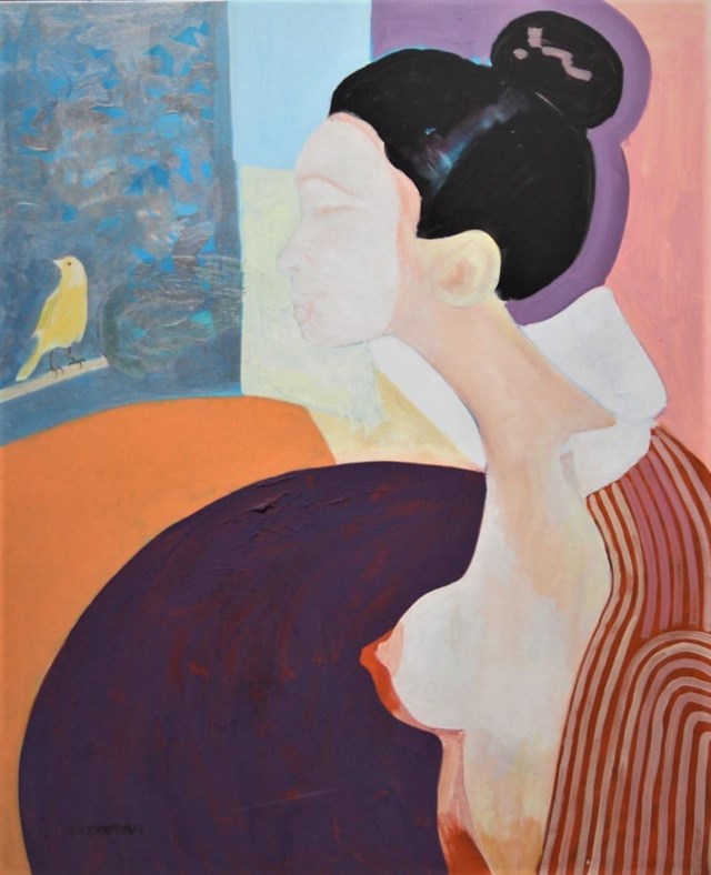 Obraz do salonu artysty Arkadiusz Wesołowski pod tytułem Kanarek i Japonka