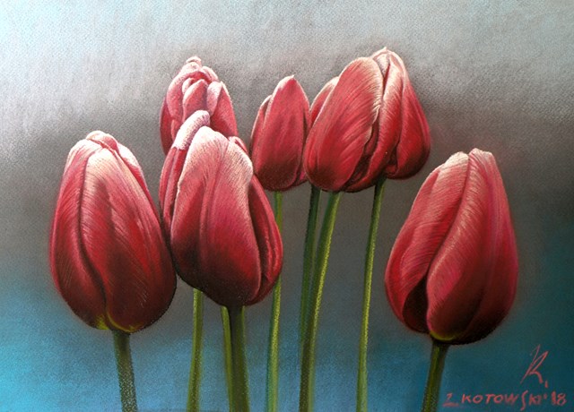 Living room painting by Zbigniew Kotowski titled Pink tulips
