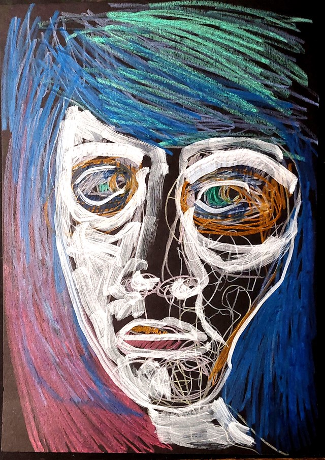Living room painting by Paweł Zakrzewski titled  Girl-boy with colorful hair