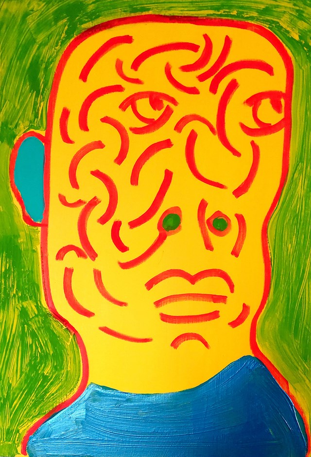 Living room painting by Paweł Zakrzewski titled Brain man with turquoise ear watching invisible fly out of frame