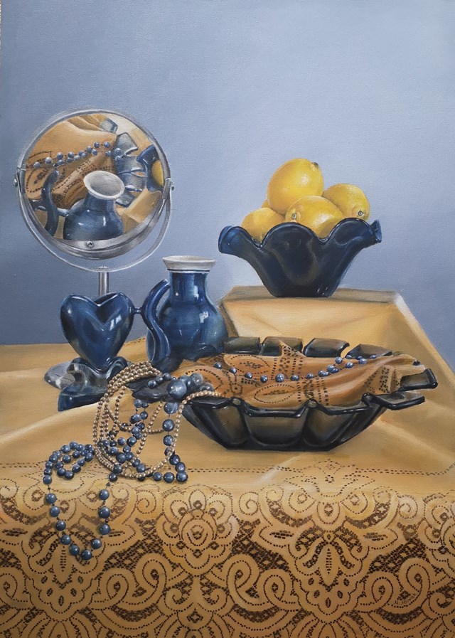 Living room painting by Małgorzata Nowak titled Mirror and lemons