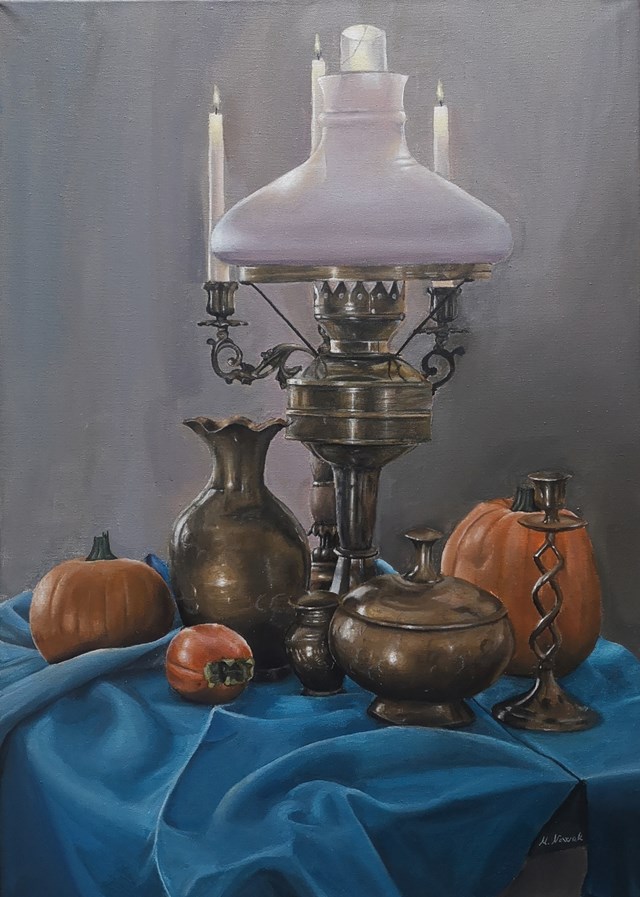 Living room painting by Małgorzata Nowak titled Pumpkins and candles 