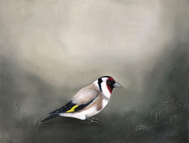Living room painting by Klaudia Choma titled European goldfinch