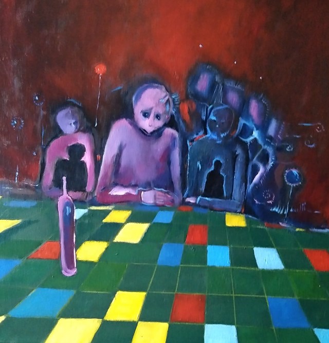 Living room painting by Damian Wojnowski titled PARTIA SCRABBLE 