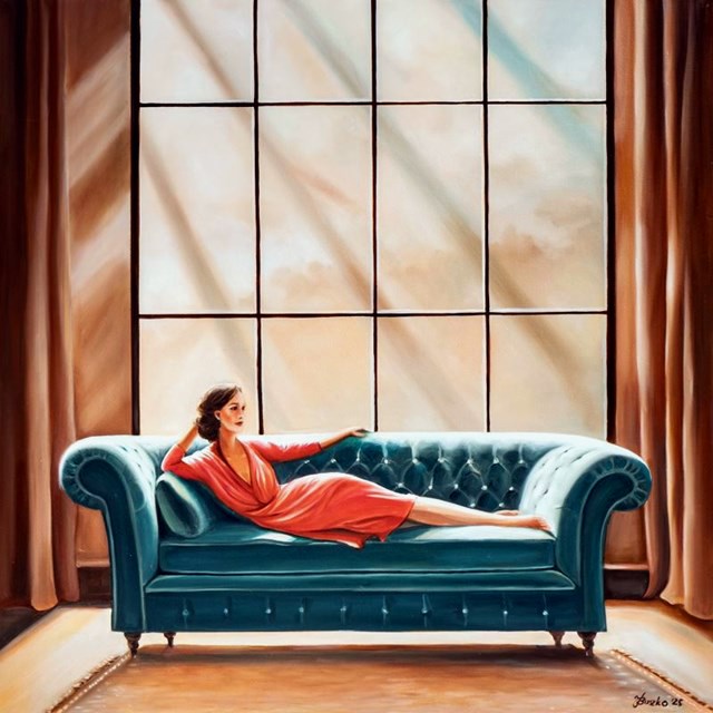 Living room painting by Joanna Buszko titled Where Are You in No Hurry To?