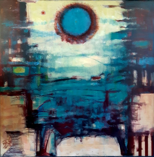 Living room painting by Mirosław Zakrzewski titled Mistic Sun I