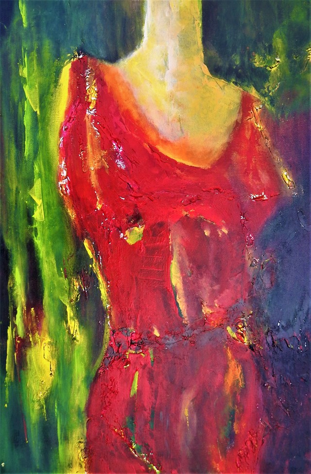 Living room painting by Alicja Wysocka titled Dziewczyna w czerwonej sukni