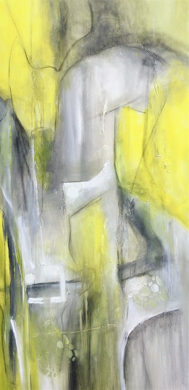 Living room painting by Alicja Wysocka titled Mariaż limonki z szarością