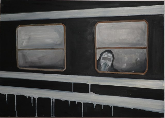 Living room painting by Krzysztof Bucior titled  Compartment on the train