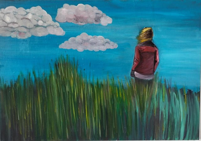 Living room painting by Krzysztof Bucior titled Landscape with woman