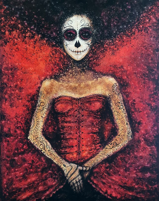 Living room painting by Sławomir Gruca titled Mascara de la Muerte III