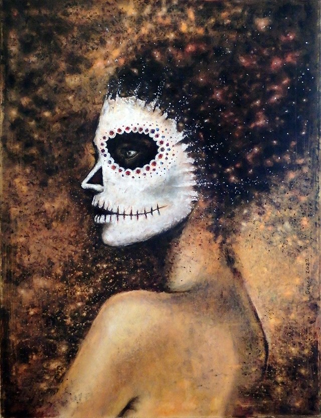 Living room painting by Sławomir Gruca titled Mascara de la muerte I