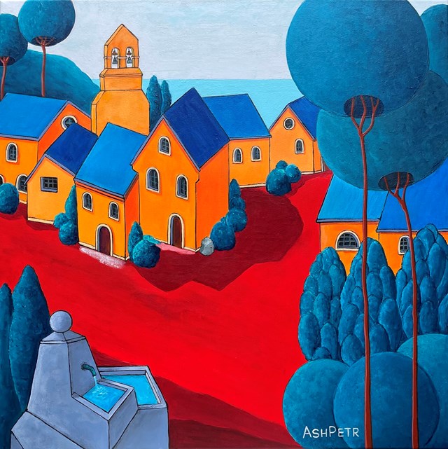Living room painting by Ashot Petrosyan titled Village by the sea