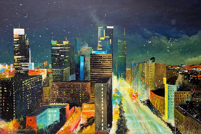 Living room painting by Tomasz Olszewski titled Warszawa - miasto światła – 14.11.2024