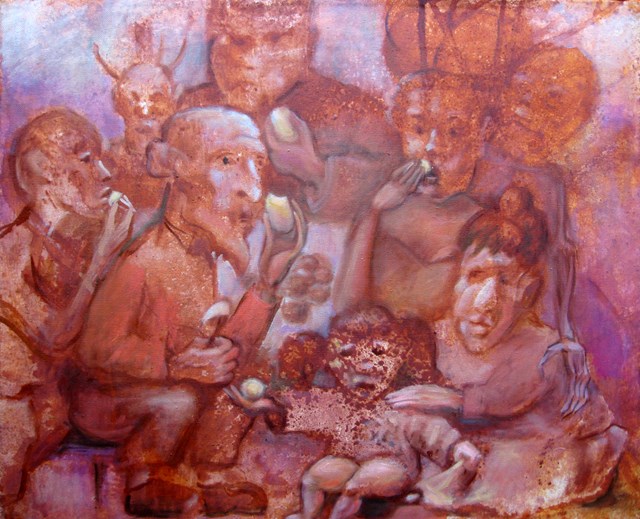 Living room painting by Włodzimierz Draczyński titled The Potato Eaters