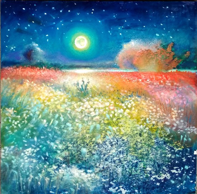 Living room painting by Włodzimierz Draczyński titled Night meadow