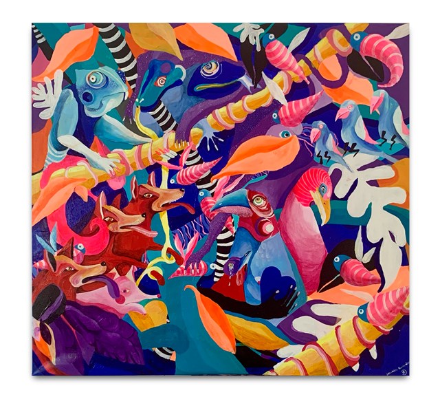 Living room painting by Olamaloú titled Colourful birds vs. pigs and reptiles