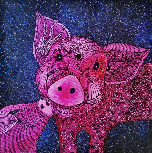 Living room painting by Luiza Poreda titled Animal Planet: Space pigs