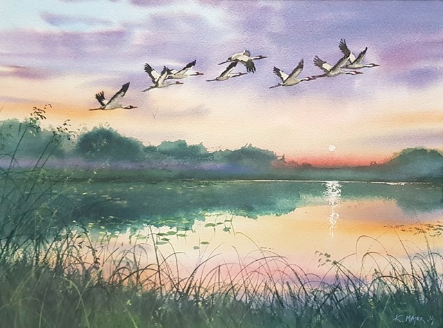 Obraz do salonu artysty Karolina Majer pod tytułem Żurawie i zachód słońca