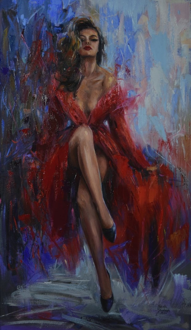 Living room painting by Jolanta Strzelczyk titled LADY IN RED