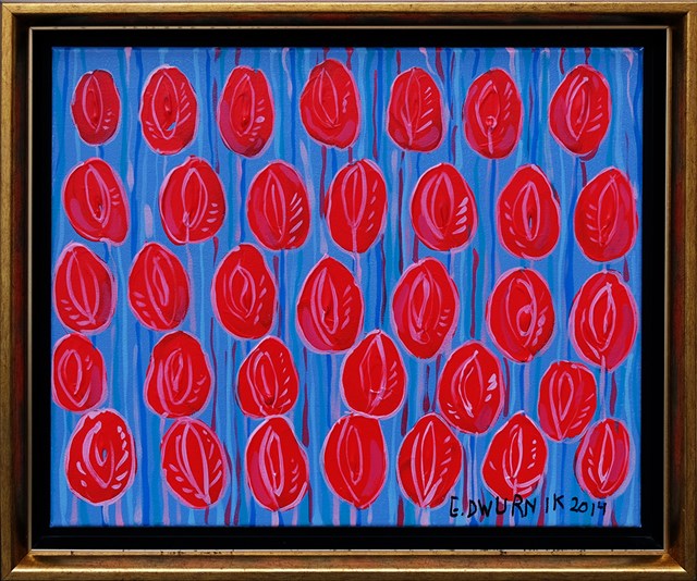 Living room painting by Edward Dwurnik titled Red Tulips