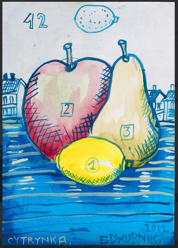 Obraz do salonu artysty Edward Dwurnik pod tytułem Akwarela z cytryną, jabłkiem, gruszką