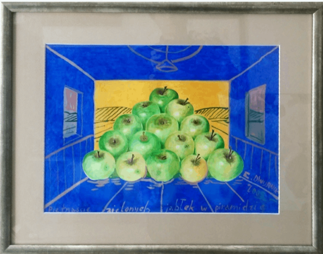 Living room painting by Edward Dwurnik titled Fifteen green apples in a pyramid