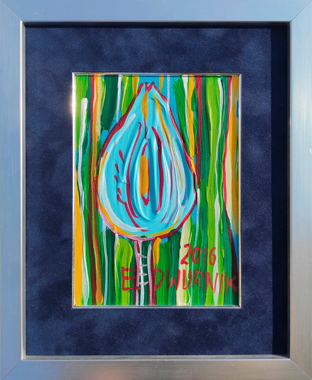 Living room painting by Edward Dwurnik titled Blue tulip