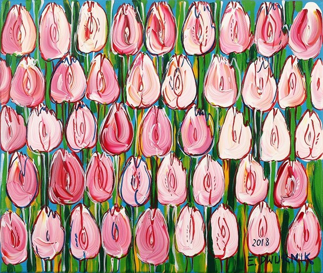 Living room painting by Edward Dwurnik titled Pink Tulips