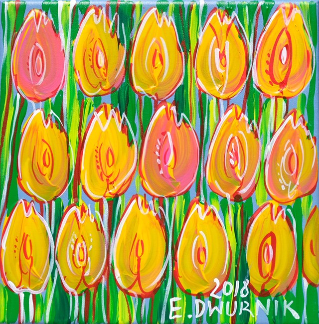Living room painting by Edward Dwurnik titled Yellow Tulips 