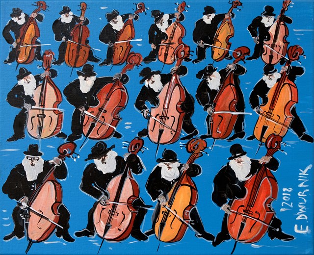 Living room painting by Edward Dwurnik titled  15 double bass players