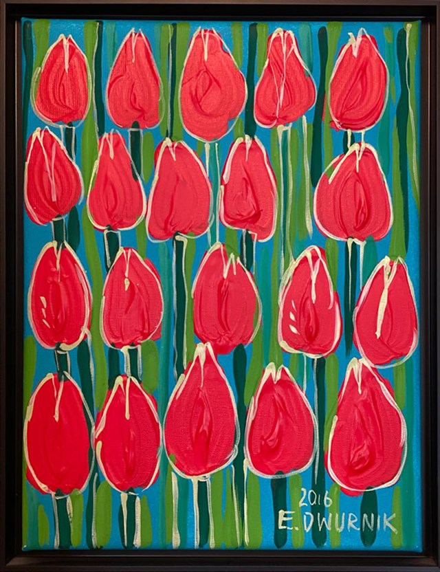 Living room painting by Edward Dwurnik titled Red tulips