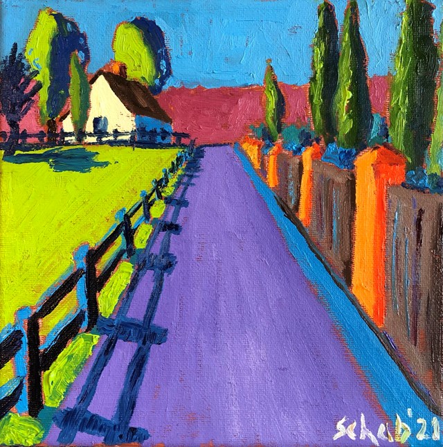 Living room painting by David Schab titled Rural idyll with a purple road