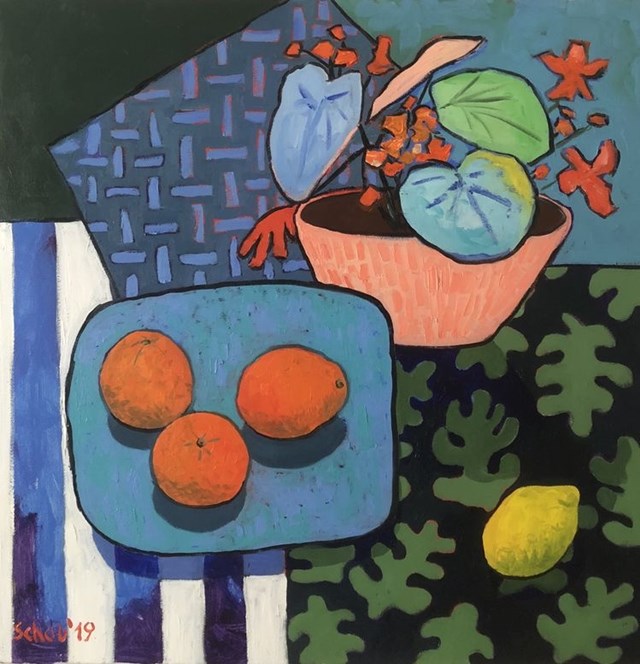 Living room painting by David Schab titled Still life with 3 oranges and a lemon