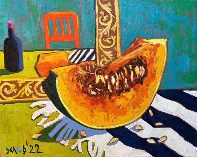 Living room painting by David Schab titled Pumpkin in the mirror 