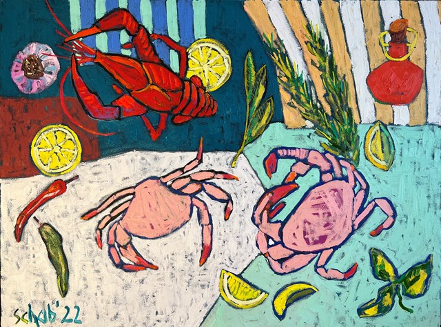 Living room painting by David Schab titled Two pale crabs 