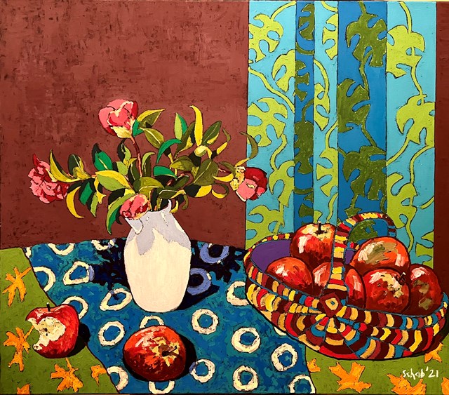 Living room painting by David Schab titled Roses and apples 